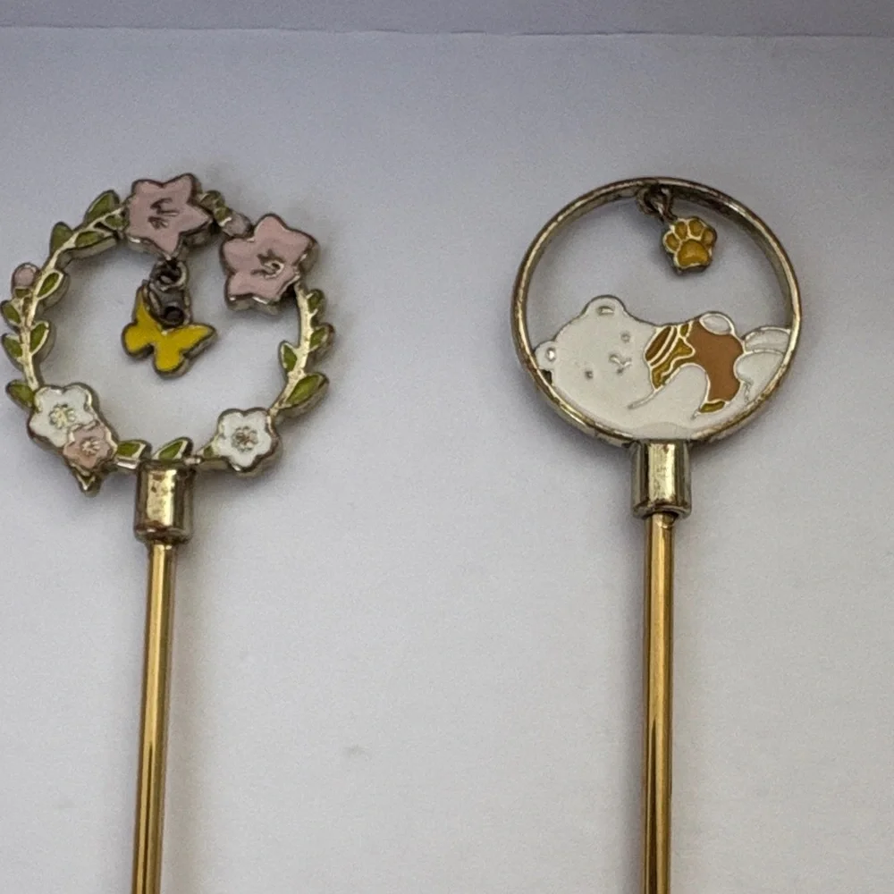 Gold Enamel Fork and Spoon Set With Cute Dangling Charms Hand Crafted
